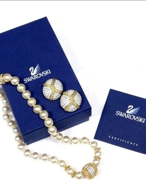 Swarovski Pearl Necklace and Pavé Gold-Accent Clip Earrings Set